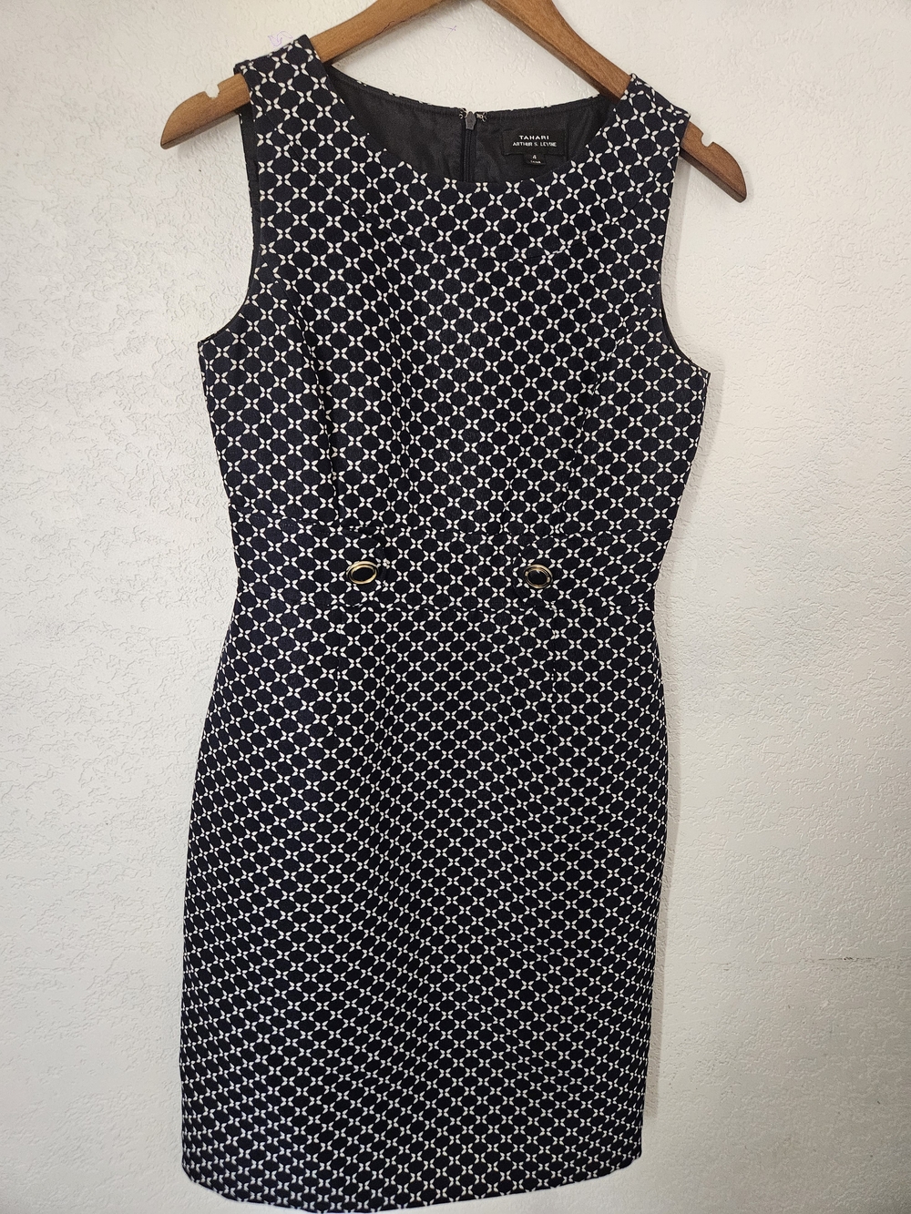 Tahari Navy and White Geometric Midi Sheath Dress with Gold Buttons